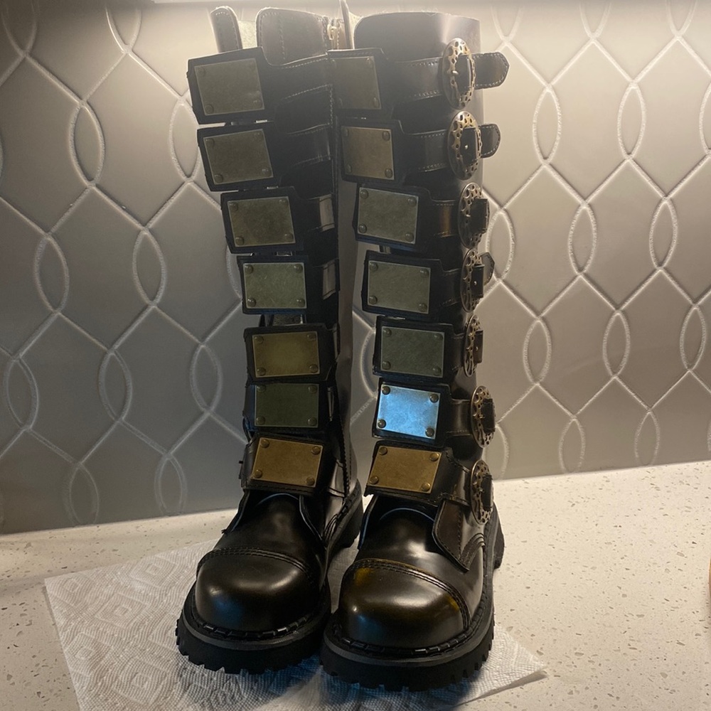 Demonia Black Combat Boots with Gold and Silver Accents